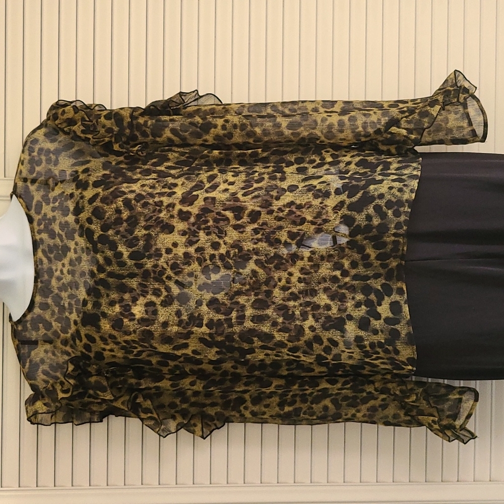 H&M Sheer Green and Black Ruffle Cheetah Cold Shoulder Top